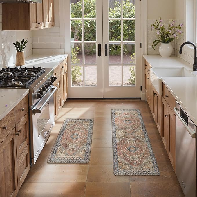GENIMO Kitchen Mats for Floor, 2PCS Kitchen Rugs Non Slip Washable, Waterproof Anti Fatigue Mat, Comfort Standing Runner Rug for Sink, Office, Laundry, Home, 17.3"x47"+17.3"x30", RetroBrick