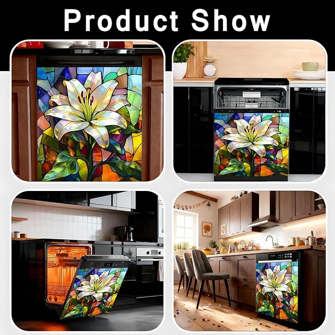 Dishwasher Magnet Cover, Creative Patterns Sticker, Dishwasher Magnetic Decoration, Refrigerator Protection Decoration, Lily, Kitchen Art Decoration 23x25.5 inches