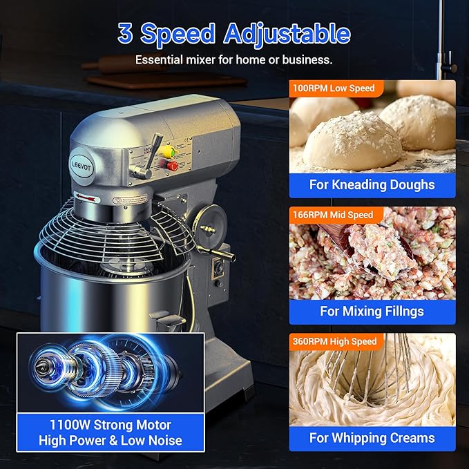 20Qt Commercial Food Mixer with Timing Function,1100W Commercial mixer 3-Speed Adjustable Heavy Duty, Electric Stand Food Mixer with Stainless Steel Bowl for Bakery Pizzeria. (Standard)