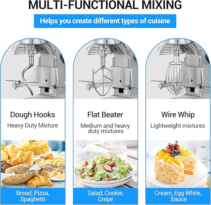 10Qt 500W Commercial Food Mixer, Commercial mixer 3-Speed Adjustable Heavy Duty Stand Mixer with Stainless Steel Bowl for Bakery Pizzeria.