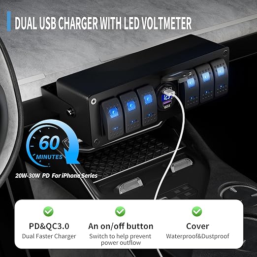 Joinfworld 6 Gang Rocker Switch Box Waterproof 12V SPST ON/Off lED Light Bar Switch Panel with Dual USB Outlet PD3.0 & QC3.0 Car USB Port for Boat Marine Automotive Car Truck RV UTV