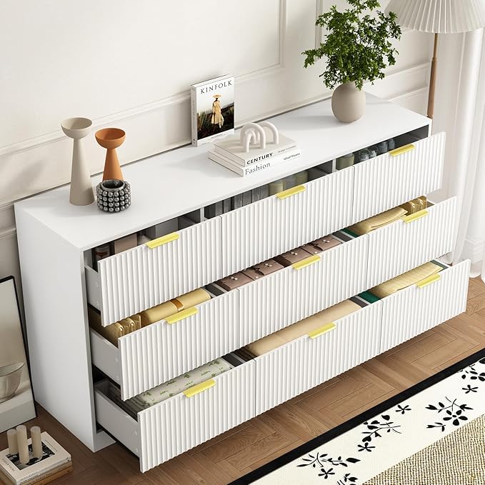 9 Drawer Dresser for Bedroom with Deep Drawers, 63" Wide Wood Dresser, Large Floor Chest of Drawers, Modern Long TV Stand, Storage Cabinet Side Table, White
