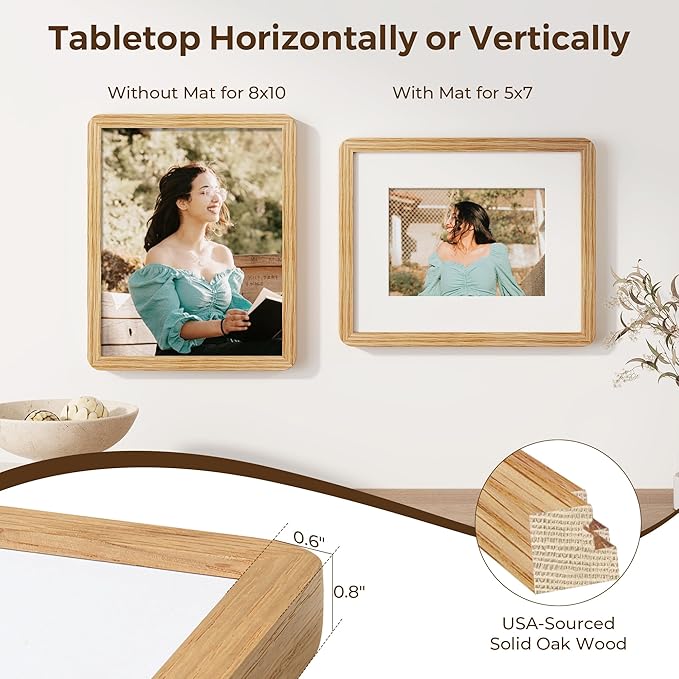 8x10 Picture Frame, Rustic 8 by 10 Photo Frame for Wall & Tabletop Display - Solid Oak Wood & Tempered Glass, 8x10 Picture Frame Matted to 5x7, Wood Collage Frames for Home, Natural Oak Color, 3 Pack