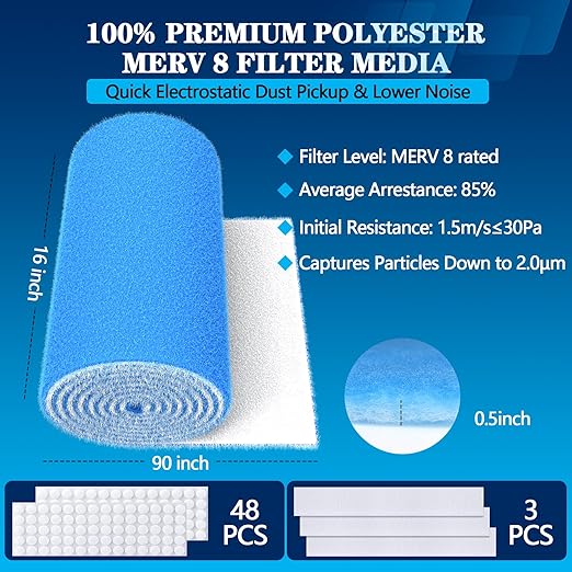 MERV 8 Air Vent Filters, 16" x 90"Cut to Fit Air Filter Material (60+ Filters),Electrostatic Triple Vent Filter for Floor, Ceiling, HVAC Furnace Vents, Includes 48 Adhesive Hook Tape