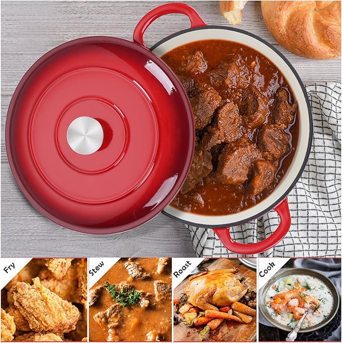 TeamFar Enameled Cast Iron Dutch Oven, 6 Quart Pot with Lid & Dual Handles - Heavy Duty Cookware Oven Safe up to 500° F for Bread Baking, Stews, Braising, Roasting - Red