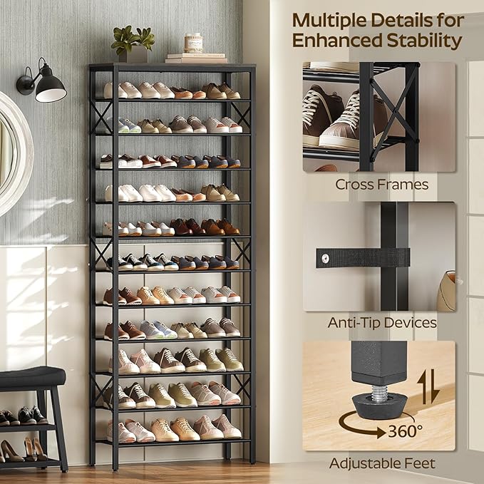12 Tier Shoe Rack, Large Capacity Shoe Storage Organizer Holds 48 Pairs, Sturdy and Stable, for Entryway, Hallway, Closet, Dorm Room, Charcoal and Black SS12BC