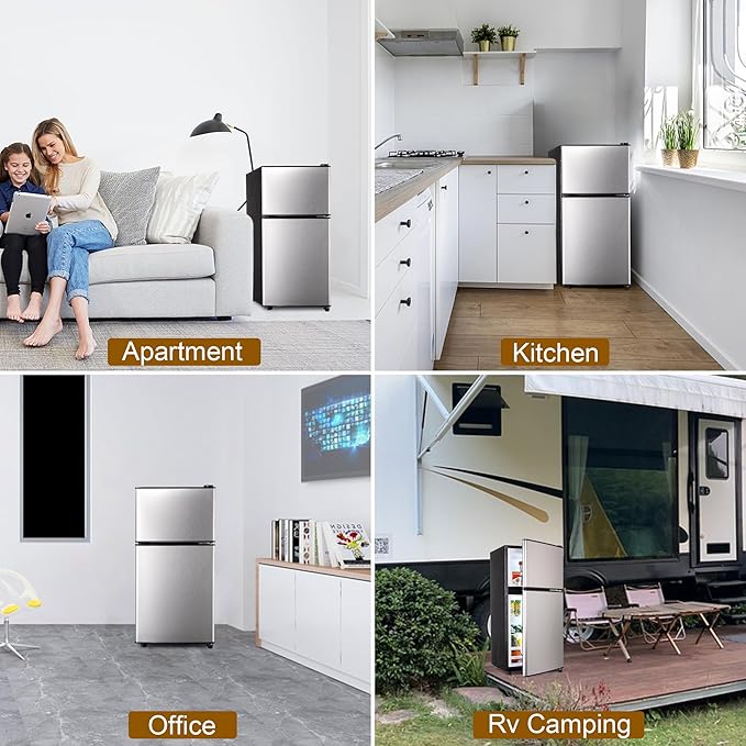 Mini Fridge with Freezer 3.2 Cu. Ft. Small Refrigerator with Freezer, 2 Door Dorm Fridge with Adjustable Thermostat & Shelves, Small Fridge for Apartment, College Dorm, Office, RV, Home, Silver