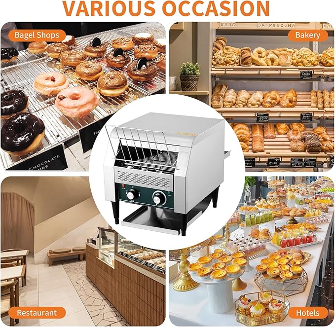 High-Capacity Commercial Conveyor Toaster, 1800w 110v for 450 Slices Per Hour, Stainless Steel Construction with 7 Browning Settings & Timer, Ideal for Restaurant, Bagel Shop, Bakery, Buffet