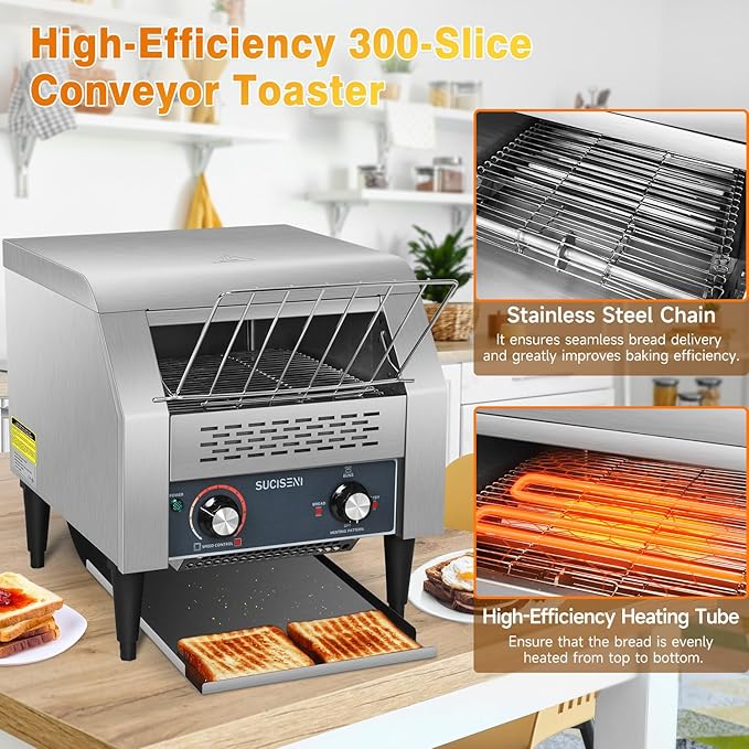 Commercial Toaster 300 Slices/Hour 1900W Heavy Duty Industrial Conveyor Toaster Stainless Steel Electric Oven with Dual Heating Tube 7-speed Adjustments for Bagel Croissant Restaurant Bakery Cafe
