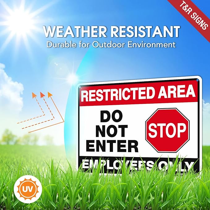 T&R Restricted Area Do Not Enter, Employees Only Sign - 2 Pack - 10 x 7 Inches Rust Free .040 Aluminum - UV Protected, Waterproof, Weatherproof and Fade Resistant - 4 Pre-drilled Holes