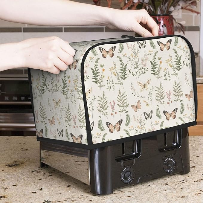 2 Slice Toaster Cover for Kitchen Botanical Wildflower Leaf Butterfly Waterproof Dustproof Toaster Dust Cover with Side Pockets Decorative Universal Cover for Wide Slot Toasters Small Appliances