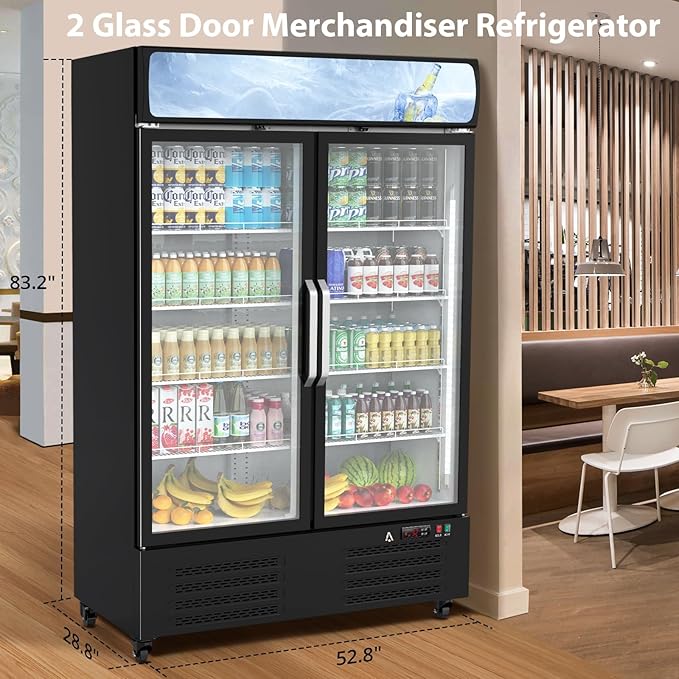 PeakPursuit 36.3 Cu.ft Commercial Beverage Refrigerator, Glass Door Upright Display Cooler, LED Light, Double Swing Doors, Adjustable Shelves, for Store, Restaurant, Bar, Office, Home