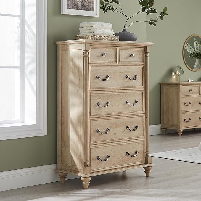 T4TREAM Farmhouse 6 Drawers Dresser Chests for Bedroom w/4 Solid Wood Feet &Column Decor, Tall Wood Rustic Chest of Drawers, Storage Dressers Organizer for Bedroom, Living Room, Nursery, Natural Oak