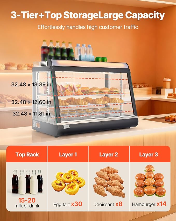 VEVOR 3-Tier Commercial Food Warmer Display, 1400W Food Display Warmer with LED Light, Top Storage and Adjustable Shelves, 86℉~185℉ Steam Heating, 105L for Hamburger, Pizza, Bread, Fried Chicken