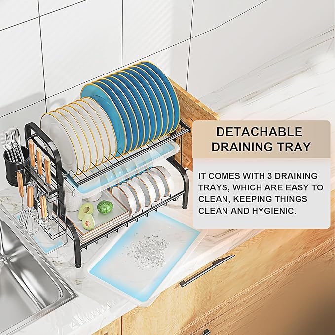 LEGUANG 2-Tier Stainless Steel Dish Drying Rack, Space-Saving Kitchen Organizer for in/Over Sink/Counter, with Removable Drain Tray & Cutlery Holder & Utensil Holder, Black