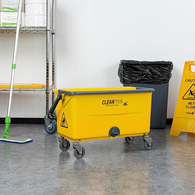Restaurantware-Clean Tek Professional 44 Quart Cleaning Bucket, 1 Bucket With Comfortable Handle - Drain Valve, Heavy-Duty, Yellow On Wheels, Portable, For Restaurant, Home, School, Or Office