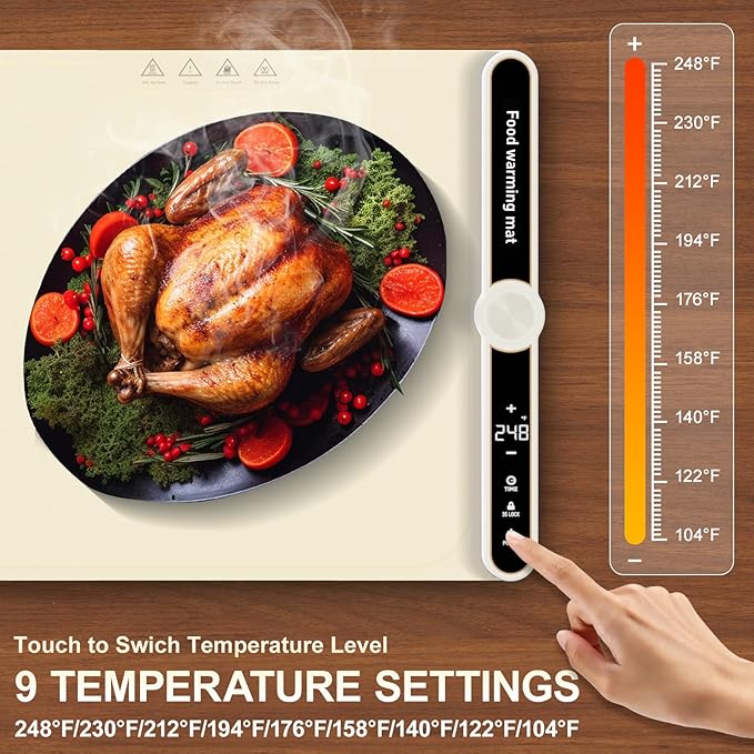 Small Warming Mat for Food Portable Rolled-up Silicone Food Warmers for Parties,Buffet,Countertop Electric Food Warming Mat 9-Level Precise Temp Control Keep Warming Last 18 Hours