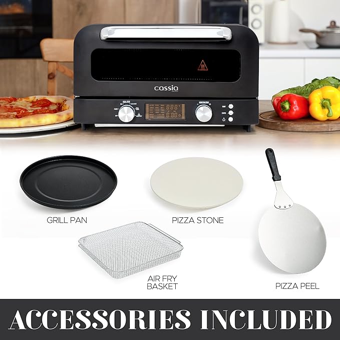 Cassia Countertop Electric Air Fryer Pizza Oven, 12" Capacity, 20L, 1800W, Heats up to 750°F, 16 Presets, Includes Pizza Stone, Peel, Fry Basket, Black