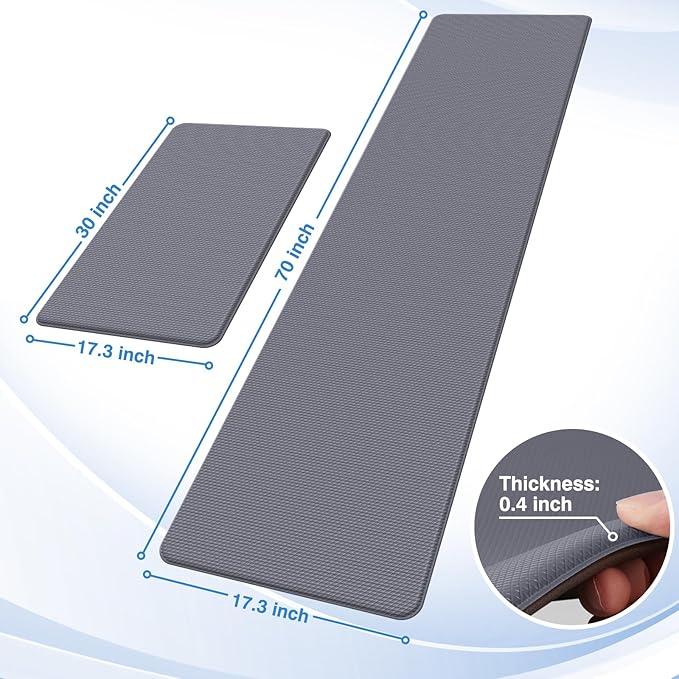 StepRite Kitchen Mats, Kitchen Rugs Sets of 2, Cushioned Anti Fatigue Kitchen Mats for Floor, Non-Slip Standing Desk Mat, Water Resistant Kitchen Rug Set for Home, Kitchen, 17.3"x30"+17.3"x70", Grey
