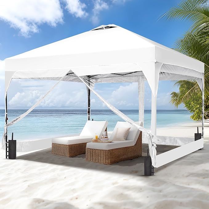 Saemoza 12x12 Pop Up Canopy Tent with One Push Setup, Outdoor Sun Shade Canopy for Backyard Party, Easy Up Instant Shelter with 4 PVC Transparent Sidewalls, 4-Sandbags & Wheel Bag, White.