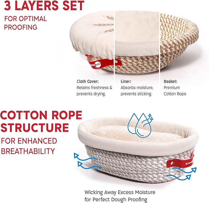 KneadAce Sourdough Starter Kit – 34oz Starter Jar, 2 Cotton Rope Banneton Proofing Baskets, Magnetic Bread Lame for Scoring – Gift for Bakers & Complete Sourdough Bread Baking Set