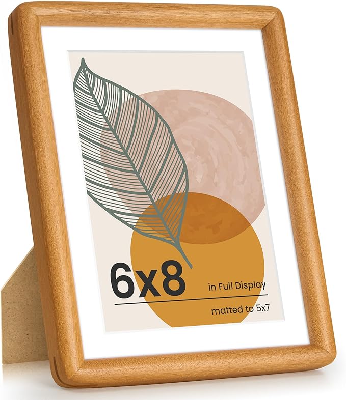 Axeman 6x8 Picture Frame - Solid Teak Wood Frame With Mat for 5x7 - Rounded Corner 6x8 Frame with Tempered Glass for Tabletop Display