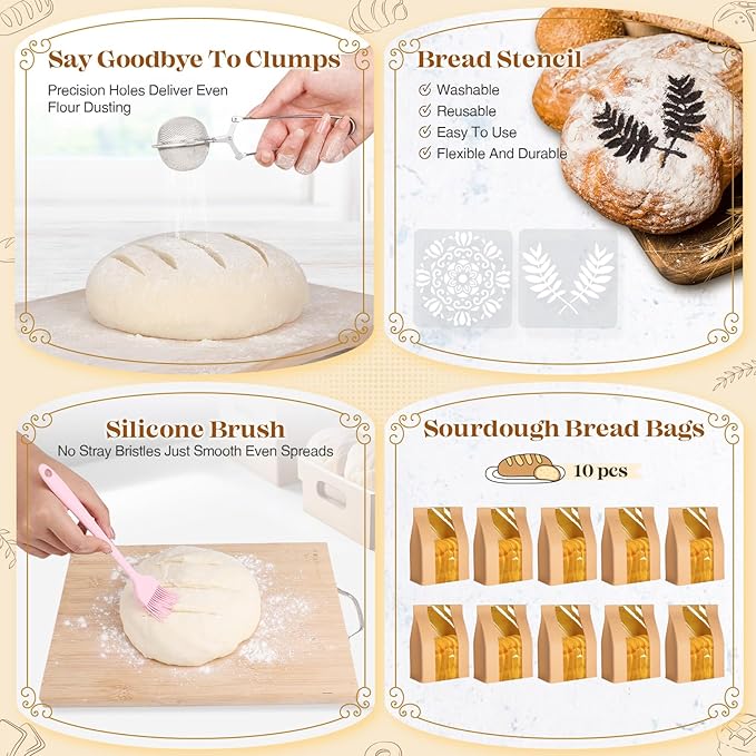 Sourdough Starter Kit, Sourdough Bread Baking Supplies, Sour Dough Starter Kits, Pink Sourdough Kit, Baking Gifts for Women, Bread Proofing Basket, Sour Dough Bread Making Kit Tools Baking Set