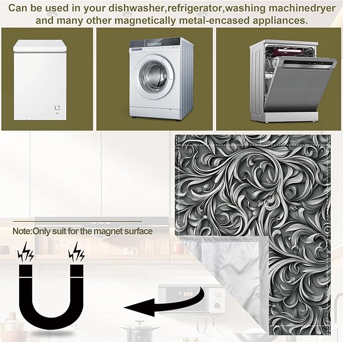 Black Vines Dishwasher Magnet Cover,Silver Foil Kitchen Decor Waterproof Refrigerator Magnet Appliance Cover Protector,23Wx26H Inches