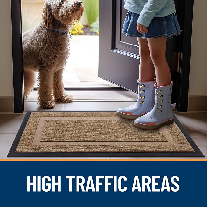 OLANLY Front Door Mat Indoor Outdoor Entrance, Waterproof All-Season, All-Weather Doormat, Sturdy Natural Rubber, Fade Resistant, Low Profile, Easy Clean Patio Porch Entryway Mat, 59x30, Light Borwn
