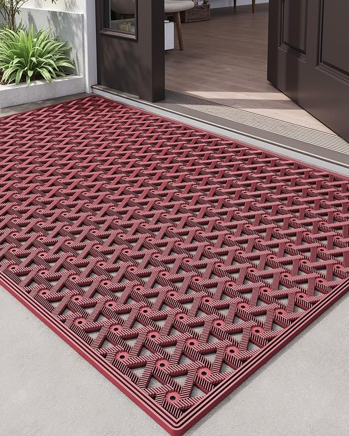 DEXI Front Door Mat Outside Entrance Rubber 32x48, Welcome Floor Doormat Heavy Duty Non Slip, Dirt Trapper Waterproof Exterior Entry Mats All Weather for Patio Entryway Drainage, Red
