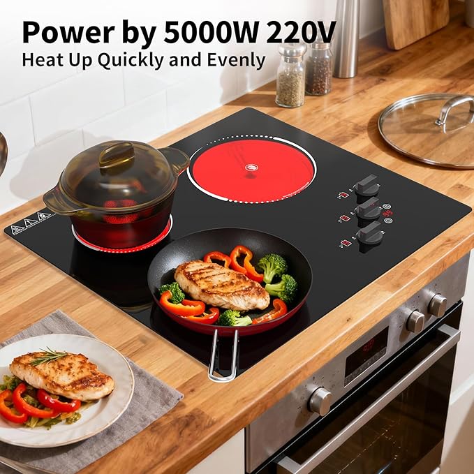 VBGK Electric Cooktop,24 inch 220V Electric Stove Top,Touch and Knob Control,LED,9 Power Levels, Kids Lock &Timer,Overheat Protection,5000W 3 burner cooktop.