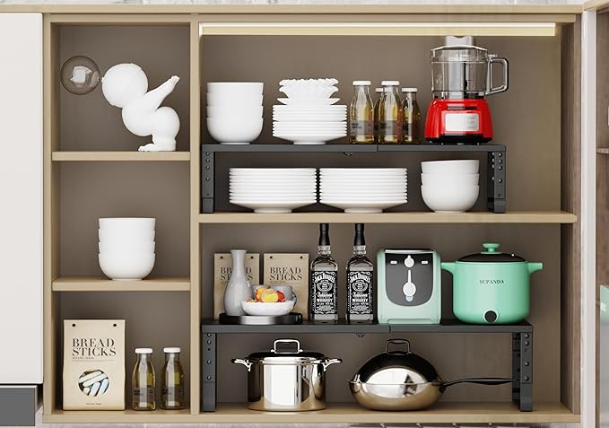 Expandable Stackable Spice Rack Organizer for Kitchen Cabinet,Adjustable Counter Shelf, countertop, Pantry,Cupboard,Bathroom,Bedroom(3Packs/Black/Medium)