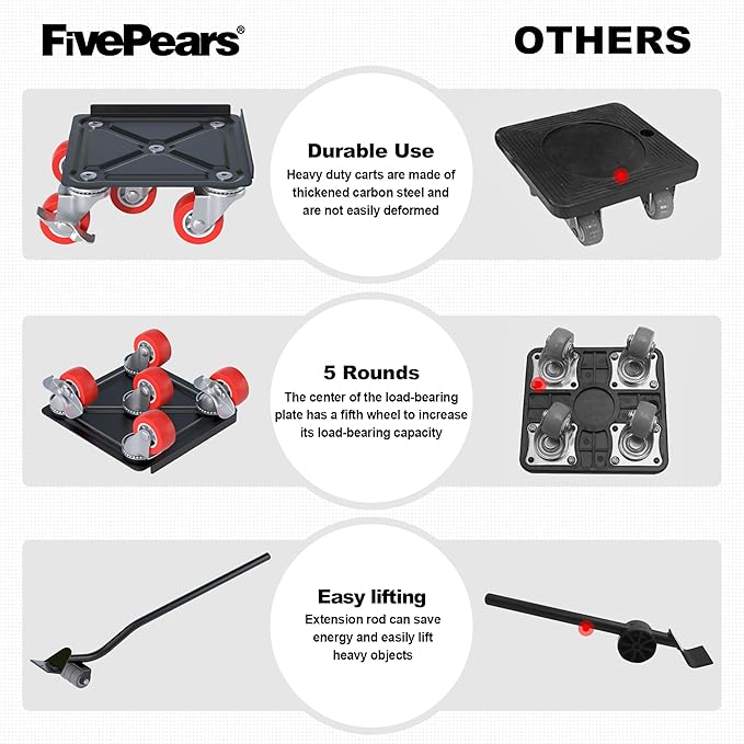 Fivepears Furniture Lift Mover Tool Set-3000 lb,5-Wheel Heavy-Duty Furniture Dolly with Handle,360°Swivel Casters Trolley-Ideal for Moving Heavy Machinery, Equipment, Pianos, Couches and Carpeted