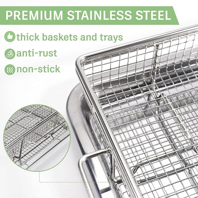 Extra Thick Air Fryer Basket for Full Size Oven,2 PCS-Set,Air Fry Basket & Crisper Tray Pan,Easy Cleaning and Crispy Results,Stainless Steel Air Fryer Accessories,with one Removable Handle,15''×11''