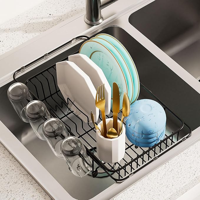 Dish Drying Rack in Sink Expandable Stainless Steel Kitchen Dish Drainer with 4 Cup Holders, Black