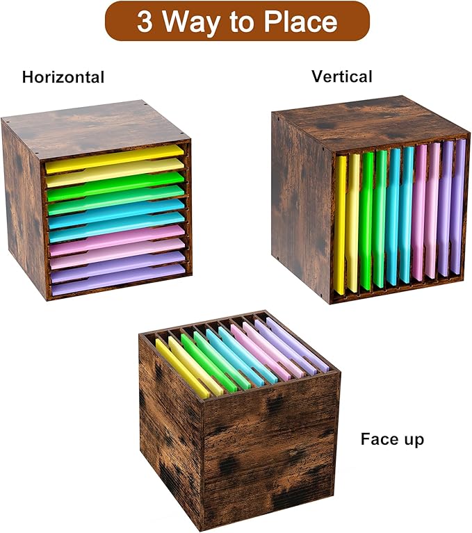 EasyPAG Scrapbook Paper Storage Organizer for Craft Room, 12x12 Paper Storage Desk Shelf, 10 Slot Adjustable File Sorter for Office School Classroom, Antique