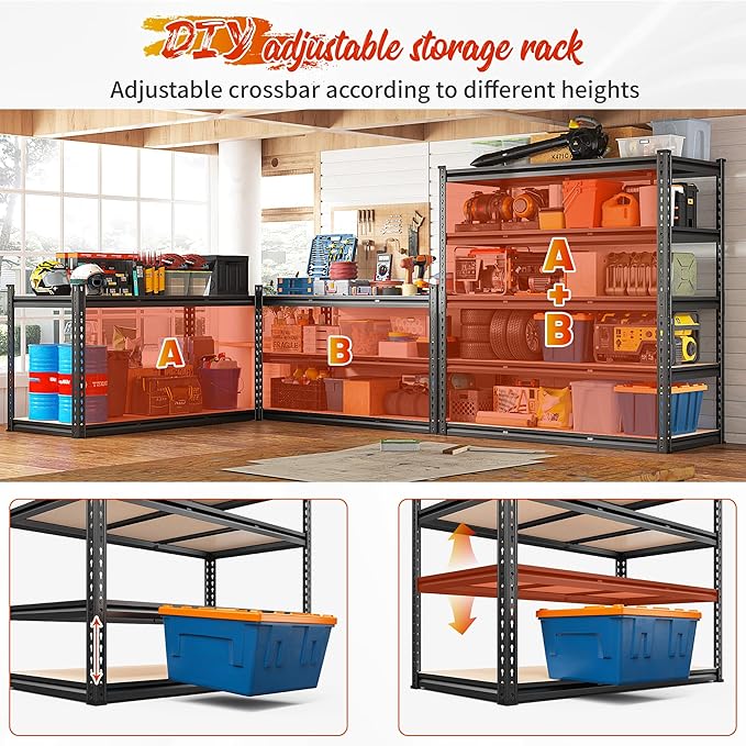 REIBII 48" W Garage Shelving 3020LBS Storage Shelves 5 Tier Industrial Shelving Adjustable Metal Storage Shelves for Garage, Basement, Warehouse, Commercial, Easy Assemble, 48" W x 72" H x 24" D