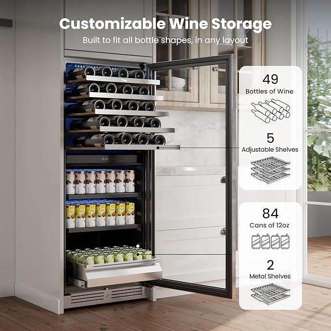 Yeego 24 Inch Wine Fridge – 34°F-65°F Wine and Beverage Cooler, 304 Stainless Steel Glass Door Lock, Temp Memory Blue & White LED Built-in Fridge with Adjustable Shelves (112 Can+40 Bottle)