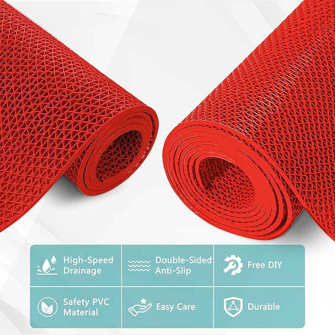 WochiTV Non Slip Drainage Mats PVC Pool Floor Mat 0.23'' Thick Outdoor Indoor Parking Space Mat for Bathroom Garage Basement Backyard Commercial Kitchen 3x10Ft Red