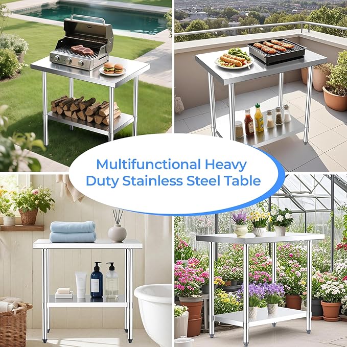 NUUK Stainless Steel Work Table 24" x 36", Commercial Kitchen Food Prep Table with Adjustable Height, Metal Countertop Utility Worktable for Restaurant, Home and Hotel