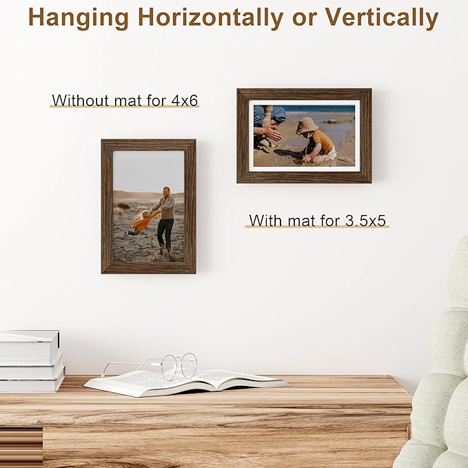 Vittanly 4x6 Picture Frame, Solid Wood Frame with Plexiglass, Includes 3.5x5 Mat, Wall Hanging or Tabletop for Photos, Home Decor, Brown, 1 Pack