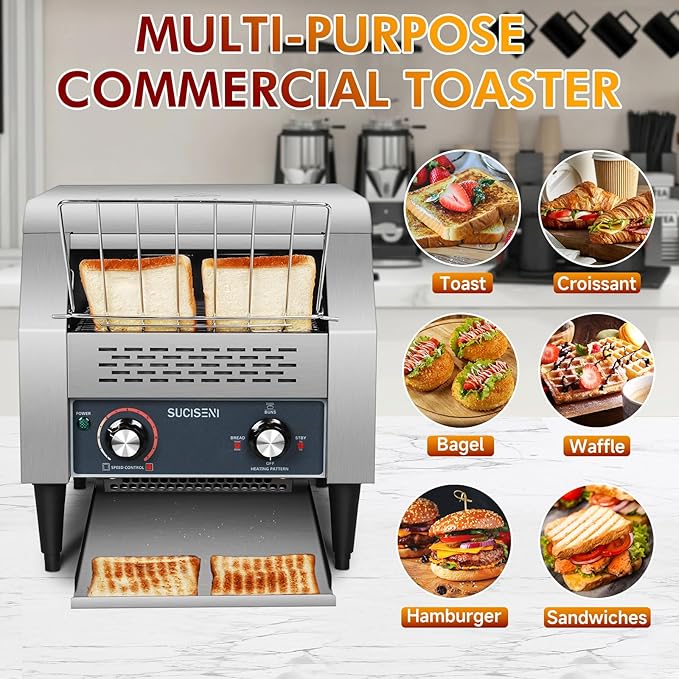 Commercial Toaster 300 Slices/Hour Industrial Conveyor Toaster 1900W Stainless Steel Restaurant Toasters for Croissants, Toast, Bun, Bagel, Bread