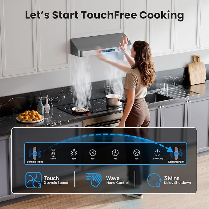 Range Hood 30 Inch Under Cabinet, Kitchen Hood with 980 CFM, 3-Speed Gesture Sensing & Touch Control Panel, Stainless Steel Vent 2 Pcs Baffle Filters with Handlebar