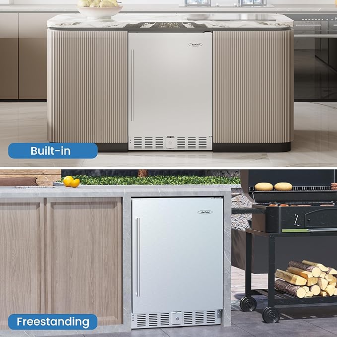 SUNVIVI Outdoor & Indoor Beverage Refrigerator, 24 Inch Stainless Steel Under Counter Drink Fridge, Silver Weatherproof Can Cooler Wine Chiller with Lock for Kitchen, Office, Patio, Bar, Home