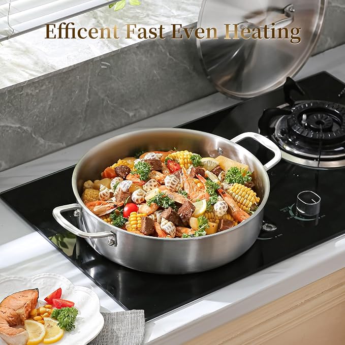 DELARLO Tri-Ply Stainless Steel 7 Quart Braiser Pan with Lid Induction Rondeau Pot With Lid 12inch Deep Frying Pan Large Saute Pan Heavy Duty Style Compatible With All Cooktops Up to 650℉