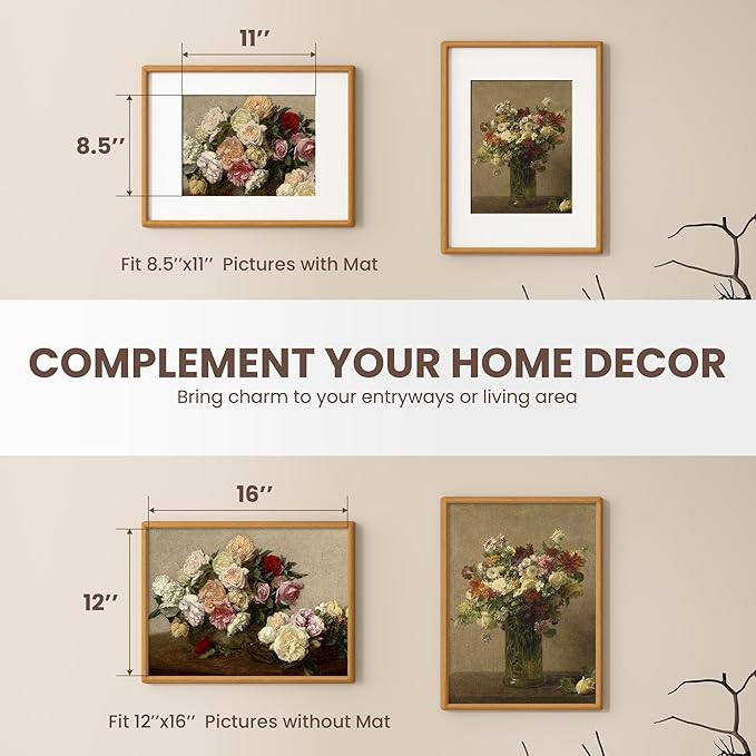Axeman 12x16 Frame - Solid Teak Wood 12x16 Picture Frame With Mat for 8.5x11 - Rounded Corner 12 x 16 Frame with Tempered Glass for Wall Display