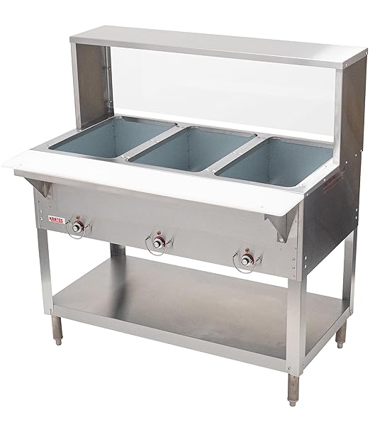 Kratos Commercial Electric Steam Table/Hot Food Table with Overshelf and Sneeze Guard, 3 Wells, Stainless Steel, Stationary, NSF, 120V (28W-192)