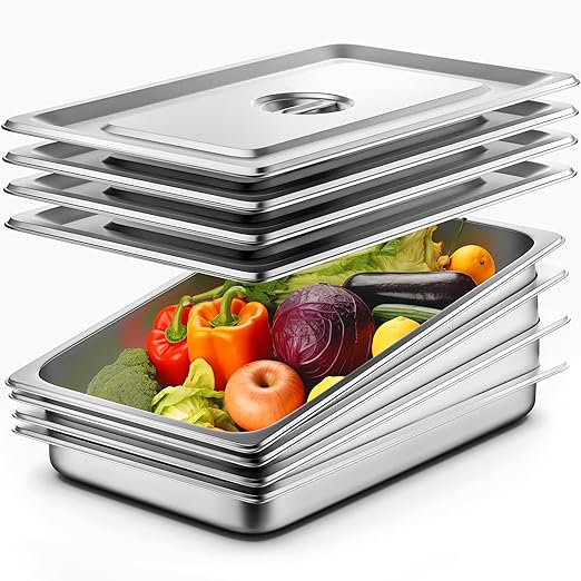 4 Pack Full Size Hotel Pans with Lids, 2.5" Deep Stainless Steel Steam Table Pan with Lid, 22 Gauge Anti Jam Commercial Catering Food Pans for Hotel, Home, Party, Restaurant, Buffet