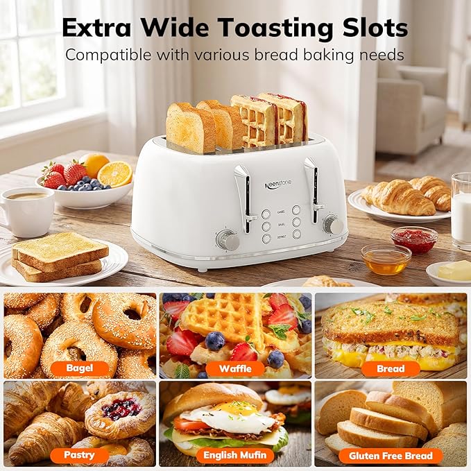 Keenstone Toaster 4 Slice, Retro Stainless Steel Wide Slot Toaster with Dual Independent Controls, 6 Browning Levels, Bagel, Defrost, Reheat & Cancel, Removable Crumb Tray, White