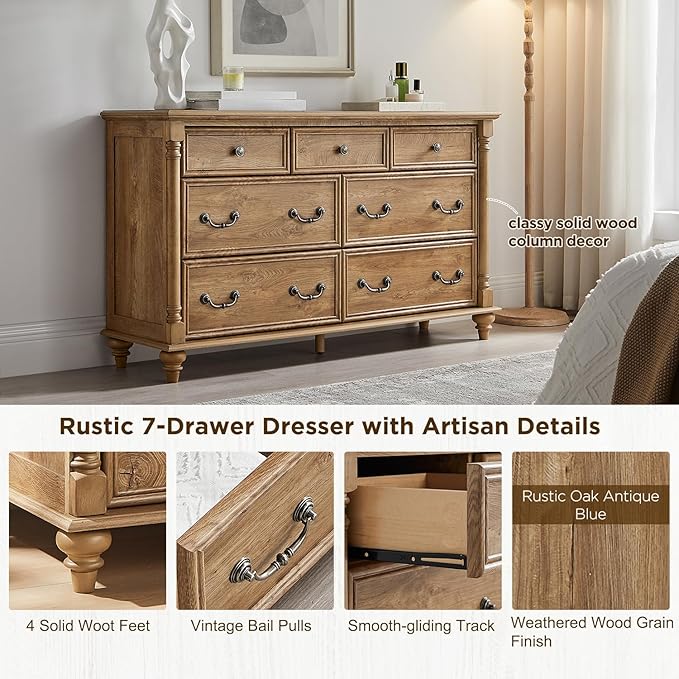 T4TREAM Farmhouse 7 Drawers Dresser Chests for Bedroom with 4 Solid Wood Feet, Tall Wide Wood Country Rustic Chest of Drawers, Storage Dressers for Bedroom, Living Room, Light Tree Knot